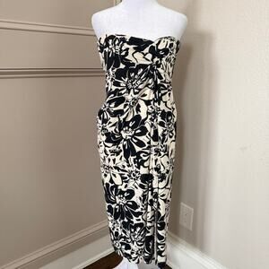 Japna S Black Cream Floral Strapless Sarong Rayon Midi Dress Beachy Vacation